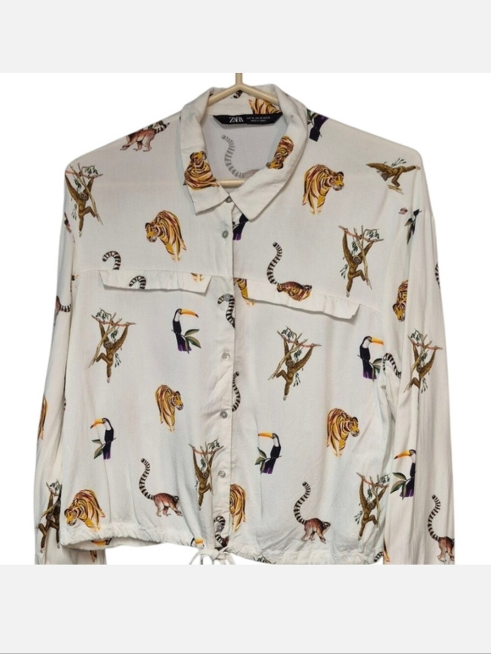 Zara Cream Jungle Safari Animal Print Button Blouse Drawstring Hem Medium